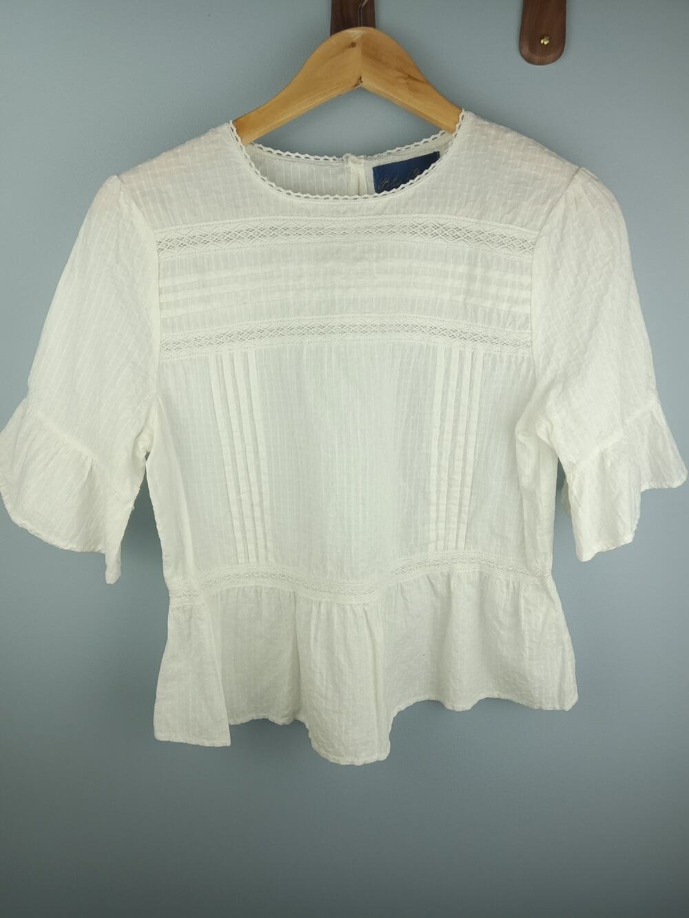 Blue Rain White Textured Cotton Peplum Blouse with Crochet Lace Trim